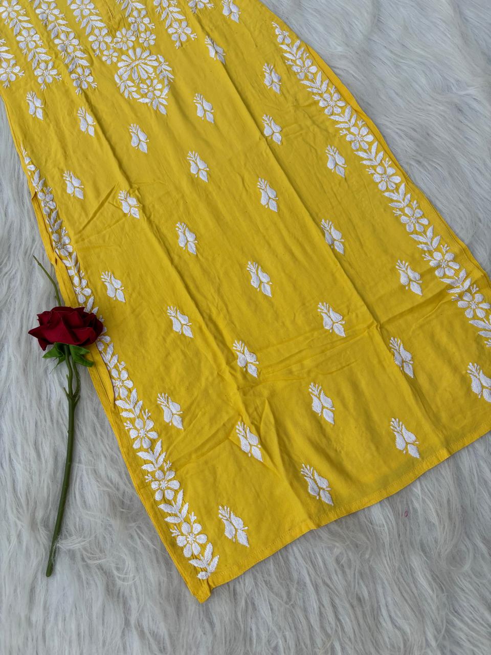 Zoobia Soft Rayon Handwork Chikankari Kurti - Yellow Colour