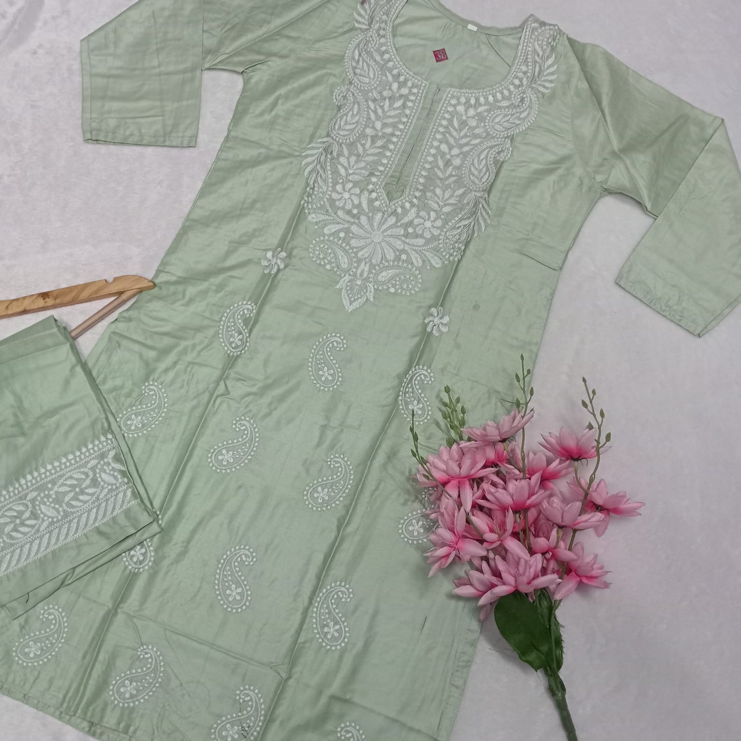 Rayon Chikankari Machine Work Kurti Plazo Set-  Pista Colour