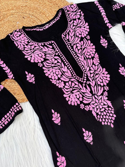 Shifa Soft Rayon Lucknowi Chikankari Kurti - Black Pink Color