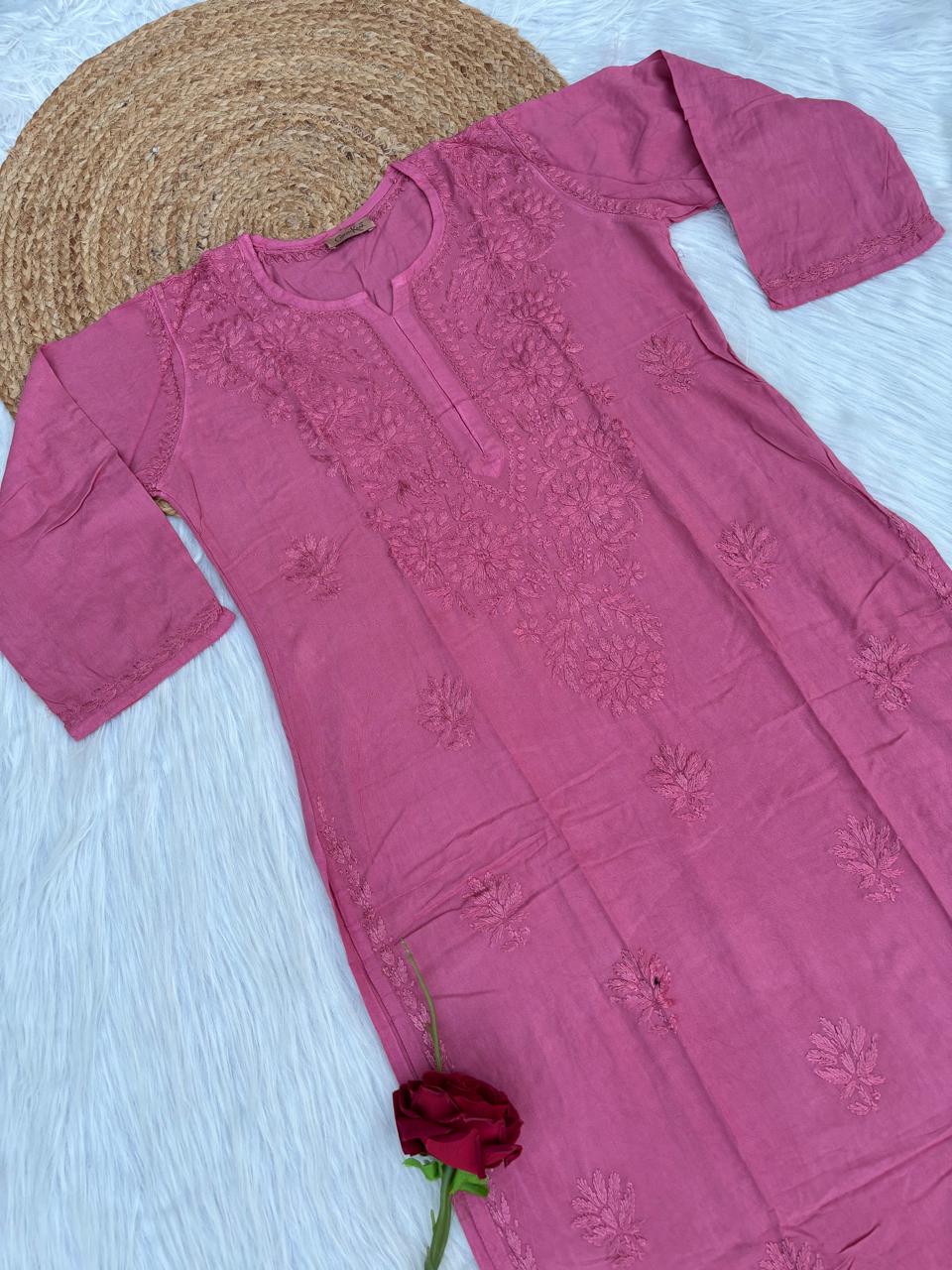 Rabab Dyeable Soft Rayon Handwork Chikankari Kurti - Mauve Pink Colour