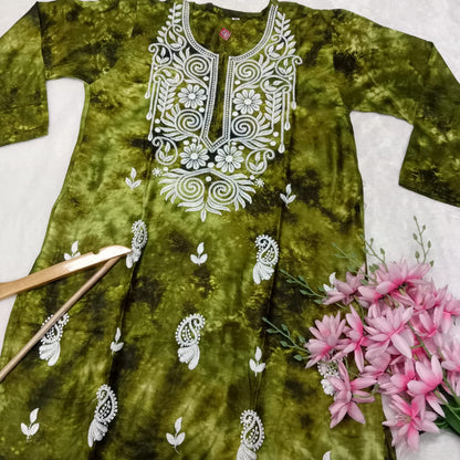 Rayon Tie & Dye Chikankari Machine Work Kurti- Parrot Green Colour