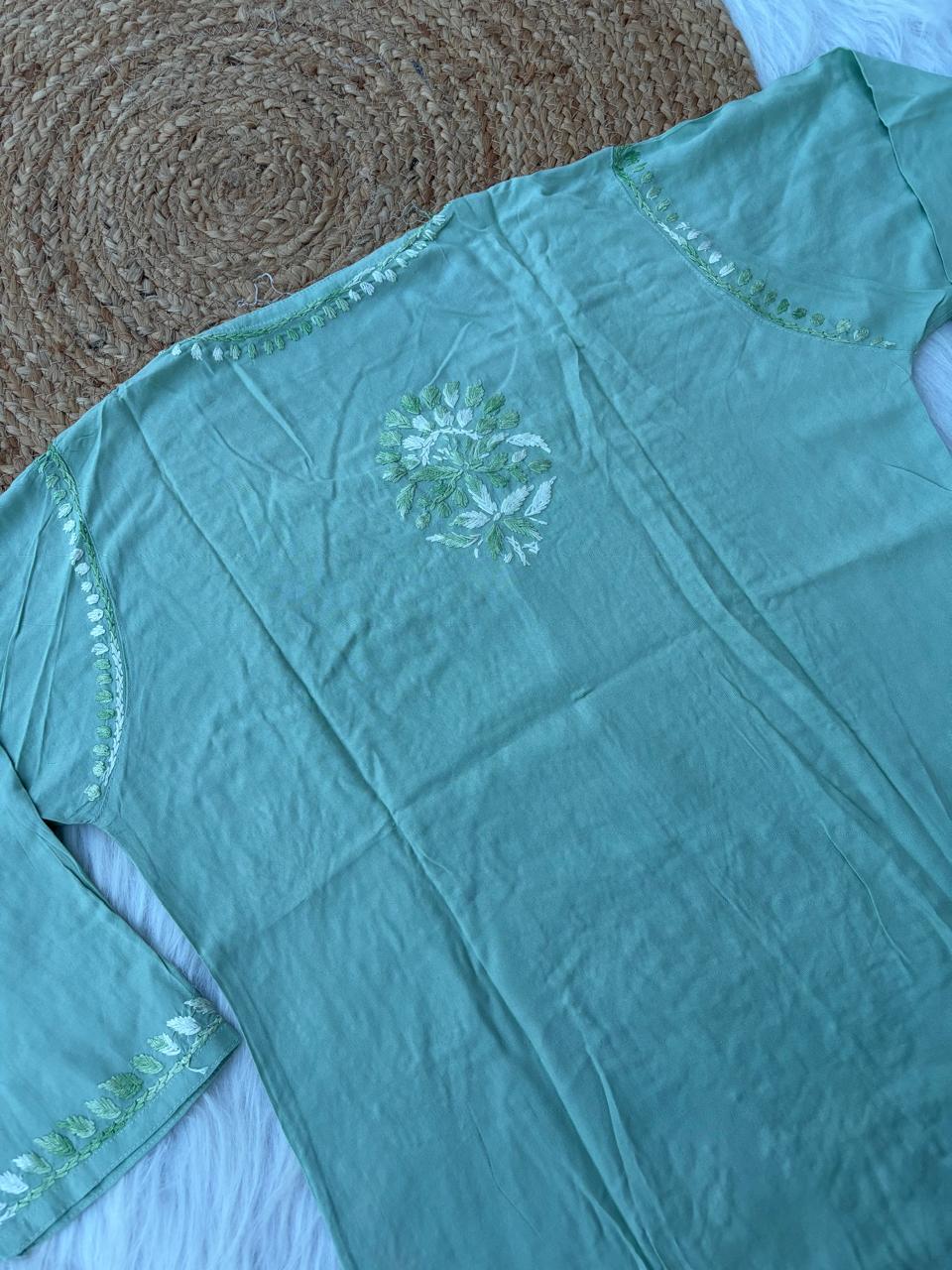 Roohi Rayon Tone To Tone Lucknowi Handwork Chikankari Kurti - Pista Color
