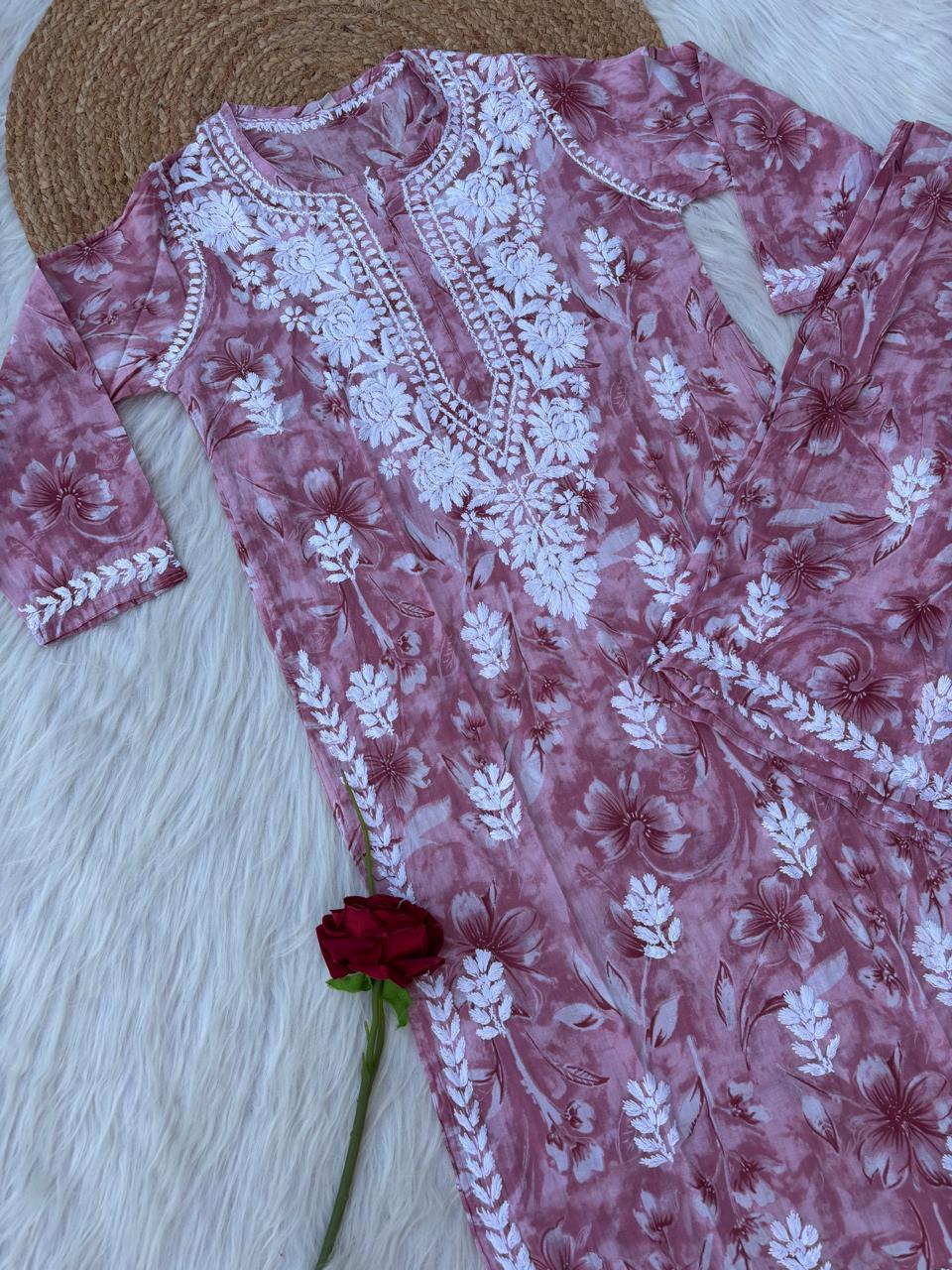Shazia Mulmul Cotton Chikankari Kurti Set - Pink Colour