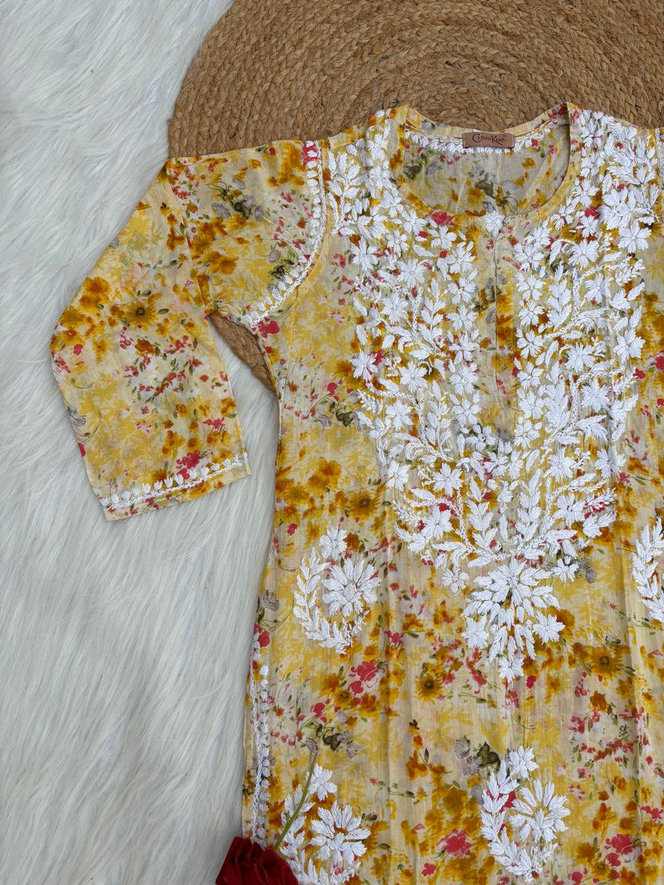 Fatima Pure Mulmul Chikankari  Handwork Kurti - Yellow Colour