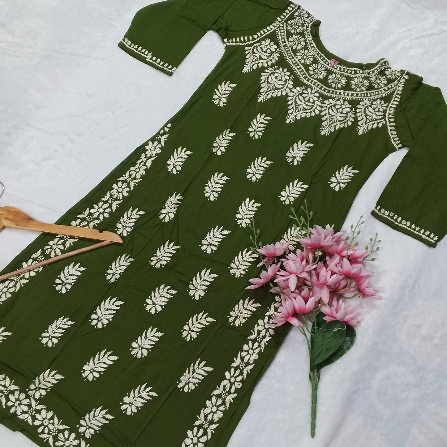 Boat Neck Rayon Chikankari Kurti -Dark Green Colour