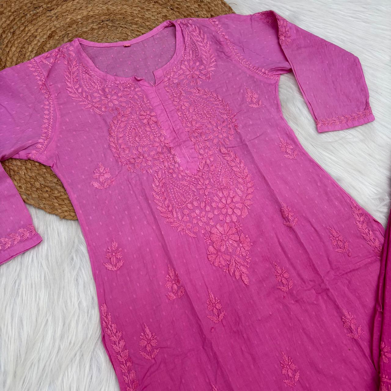 Nuha Dobby cotton Ombre shaded Lucknowi Chikankari Kurti Plazo Set - Pink Colour
