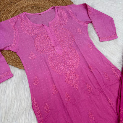 Nuha Dobby cotton Ombre shaded Lucknowi Chikankari Kurti Plazo Set - Pink Colour