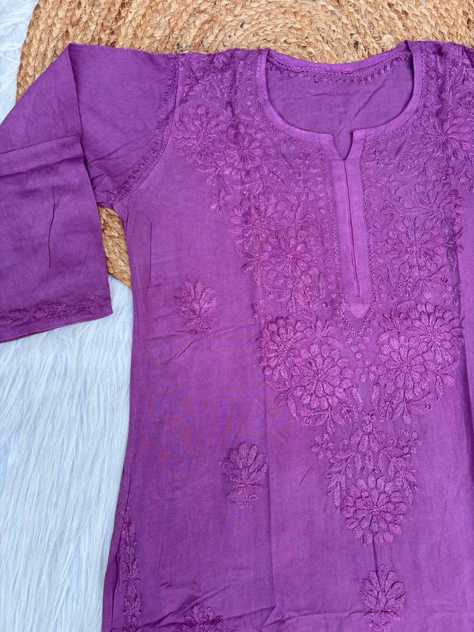 Rabab Dyeable Soft Rayon Handwork Chikankari Kurti - Wine Colour