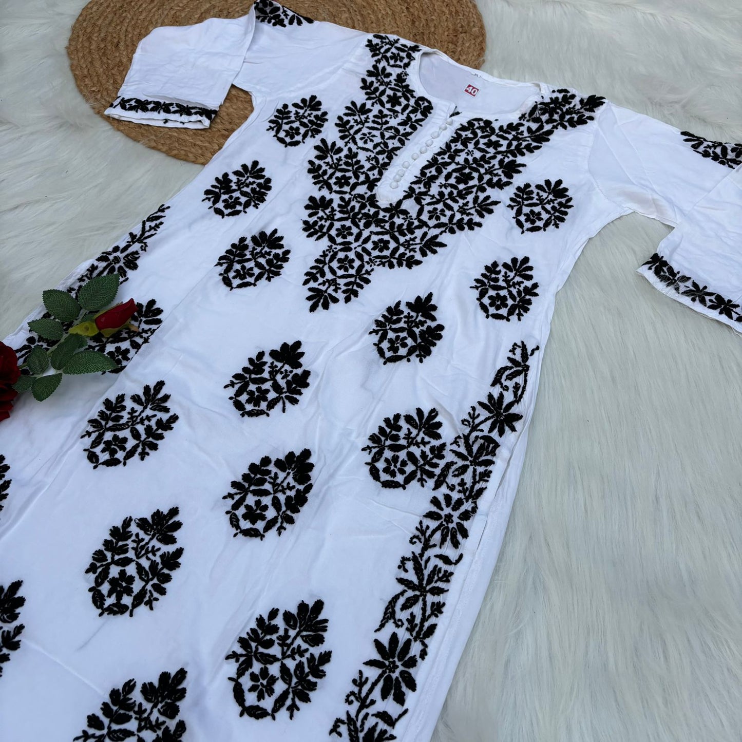 Amira Soft Rayon Chikankari Kurti - Black  on White Color