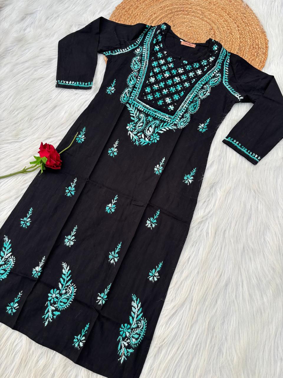 Maryam Handwork Cotton Lucknowi Chikankari Kurti - Sea Green Colour
