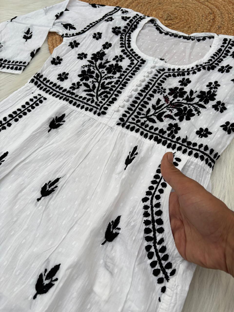 Sonakshi Soft Cotton Lucknowi Chikankari Handwork Kurti (With Pockets) - White Black Color