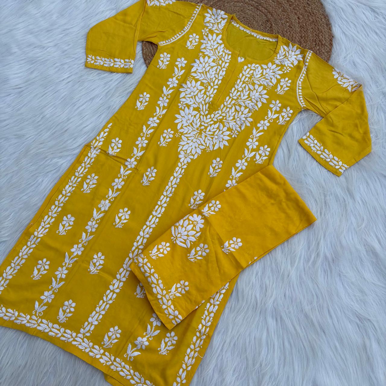 Samara Rayon Handwork Chikankari Kurti Plazo Set - Yellow Colour
