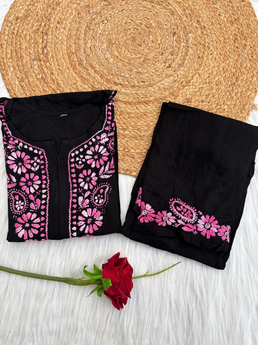 Lubna Rayon Handwork Chikankari Kurti Set- Pink Colour