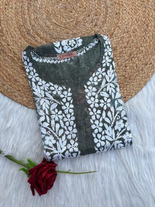 Zaina Pure Mulmul Chikankari Handwork Kurti - Dark Green Colour