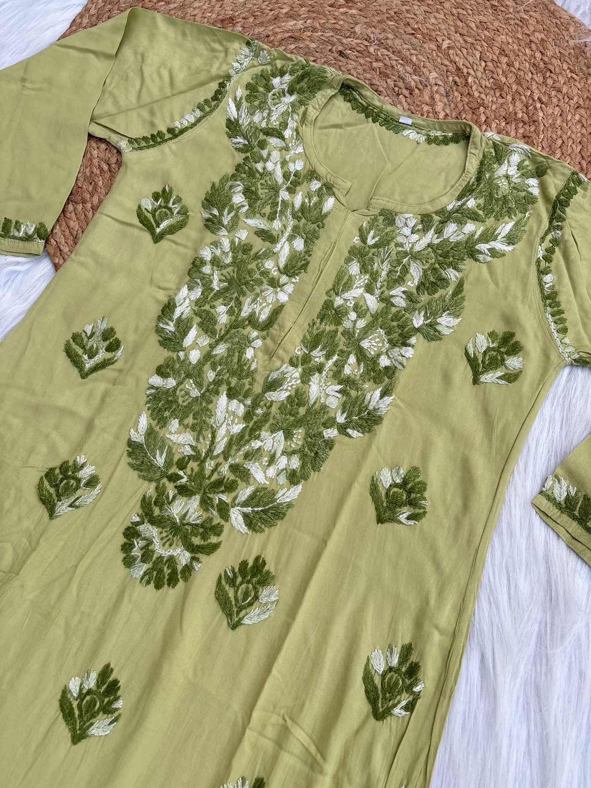 Roohi Rayon Tone To Tone Lucknowi Handwork Chikankari Kurti - Green Color