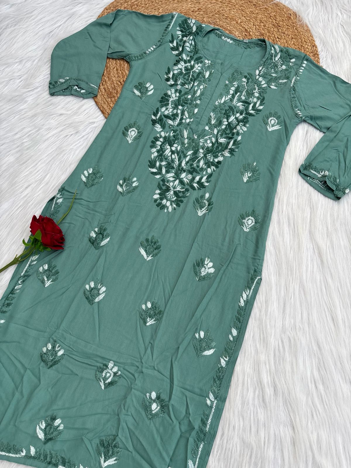 Roohi Rayon Tone To Tone Lucknowi Handwork Chikankari Kurti - Sea Green Color