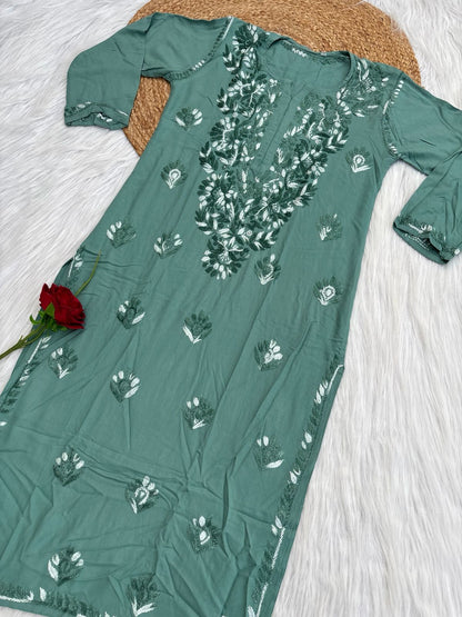 Roohi Rayon Tone To Tone Lucknowi Handwork Chikankari Kurti - Sea Green Color