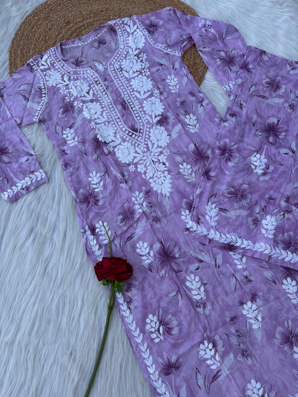 Shazia Mulmul Cotton Chikankari Kurti Set - Purple Colour