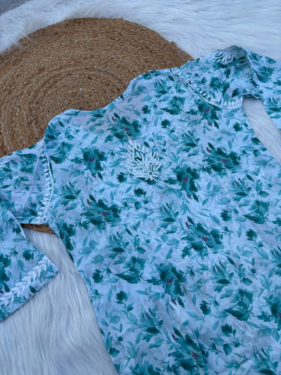 Hadaya Mulmul Cotton Chikankari Kurti Set - Sea Green Colour