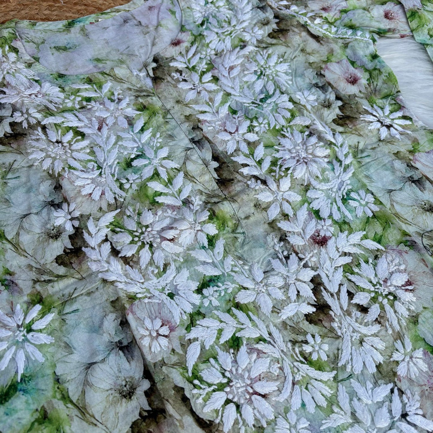 Fiza Pure Cotton Floral Lucknowi Chikankari Kurti - Green Colour