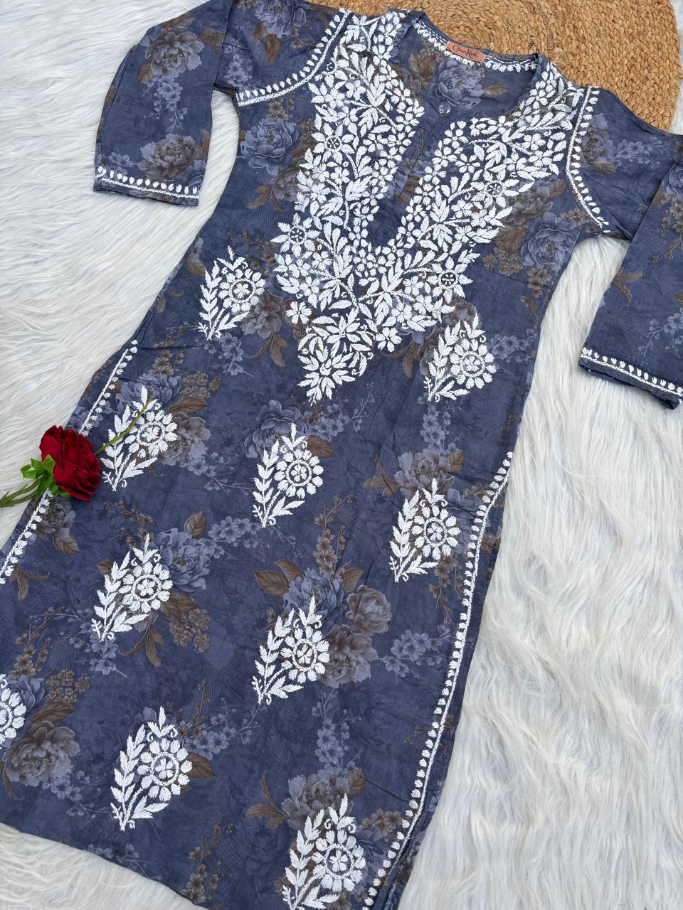Zaina Pure Mulmul Chikankari Handwork Kurti - Grey Colour