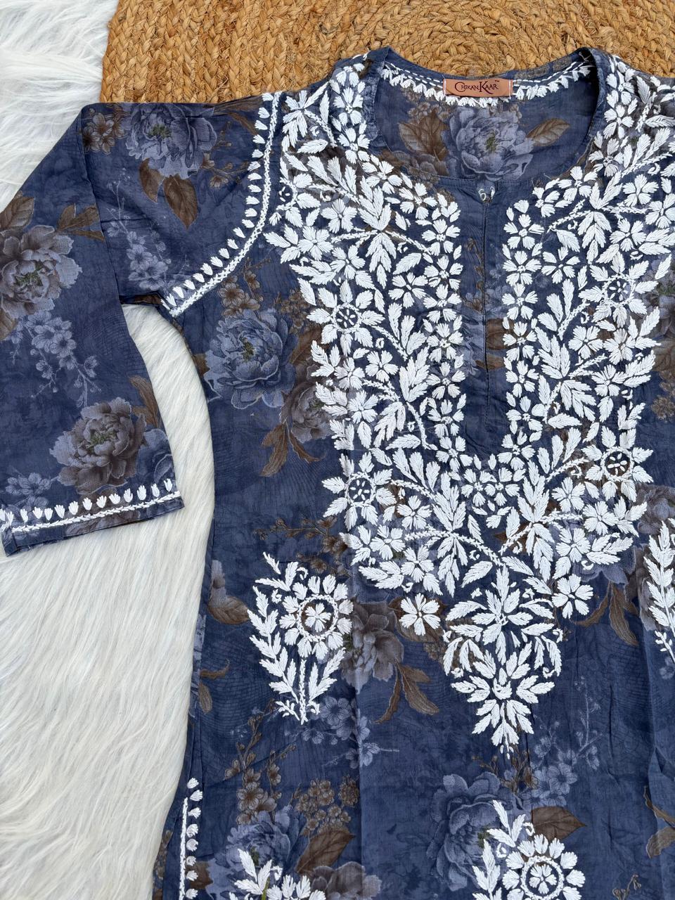 Zaina Pure Mulmul Chikankari Handwork Kurti - Grey Colour