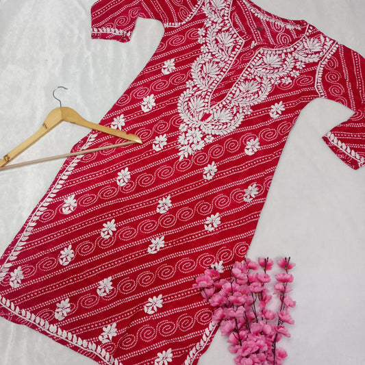 Falak Bandhani Print Rayon Chikankari Kurti -Red Colour