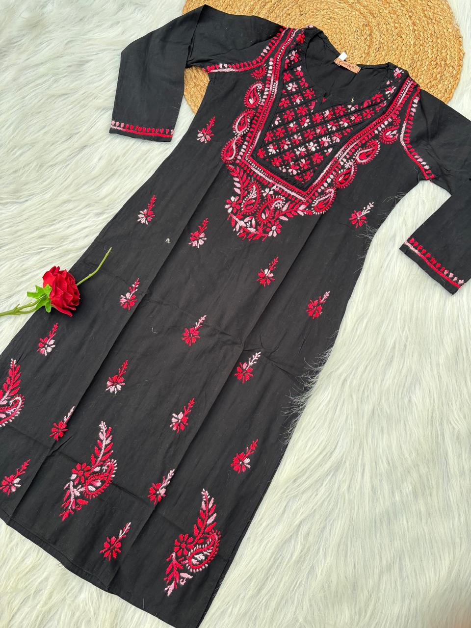 Maryam Handwork Cotton Lucknowi Chikankari Kurti - Red Colour