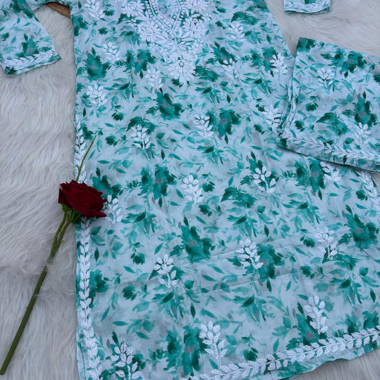Aaliyah Mulmul Cotton Chikankari Kurti Set -Sea Green Colour