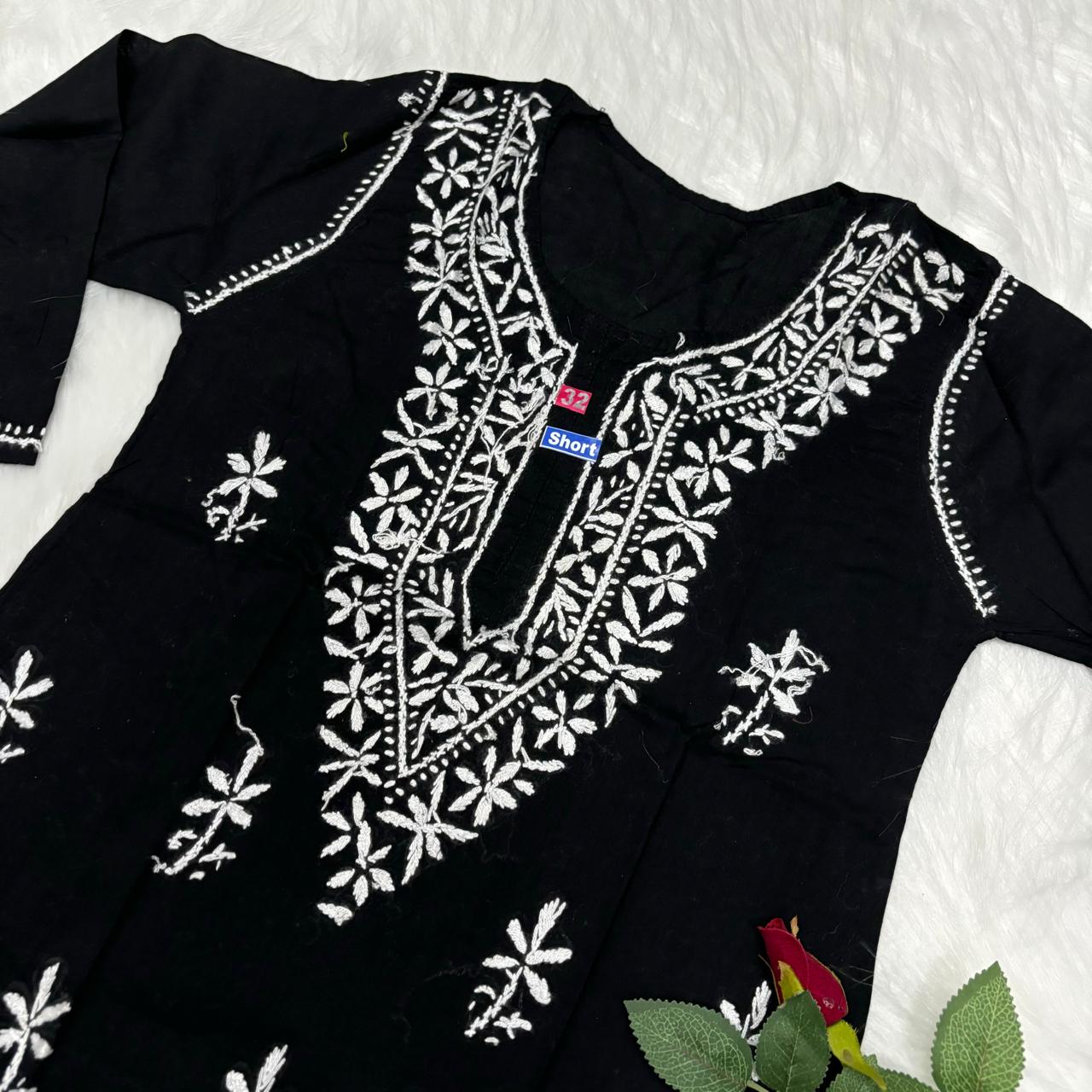 Ziya Pure Cotton Chikankari Short Top- Black Colour