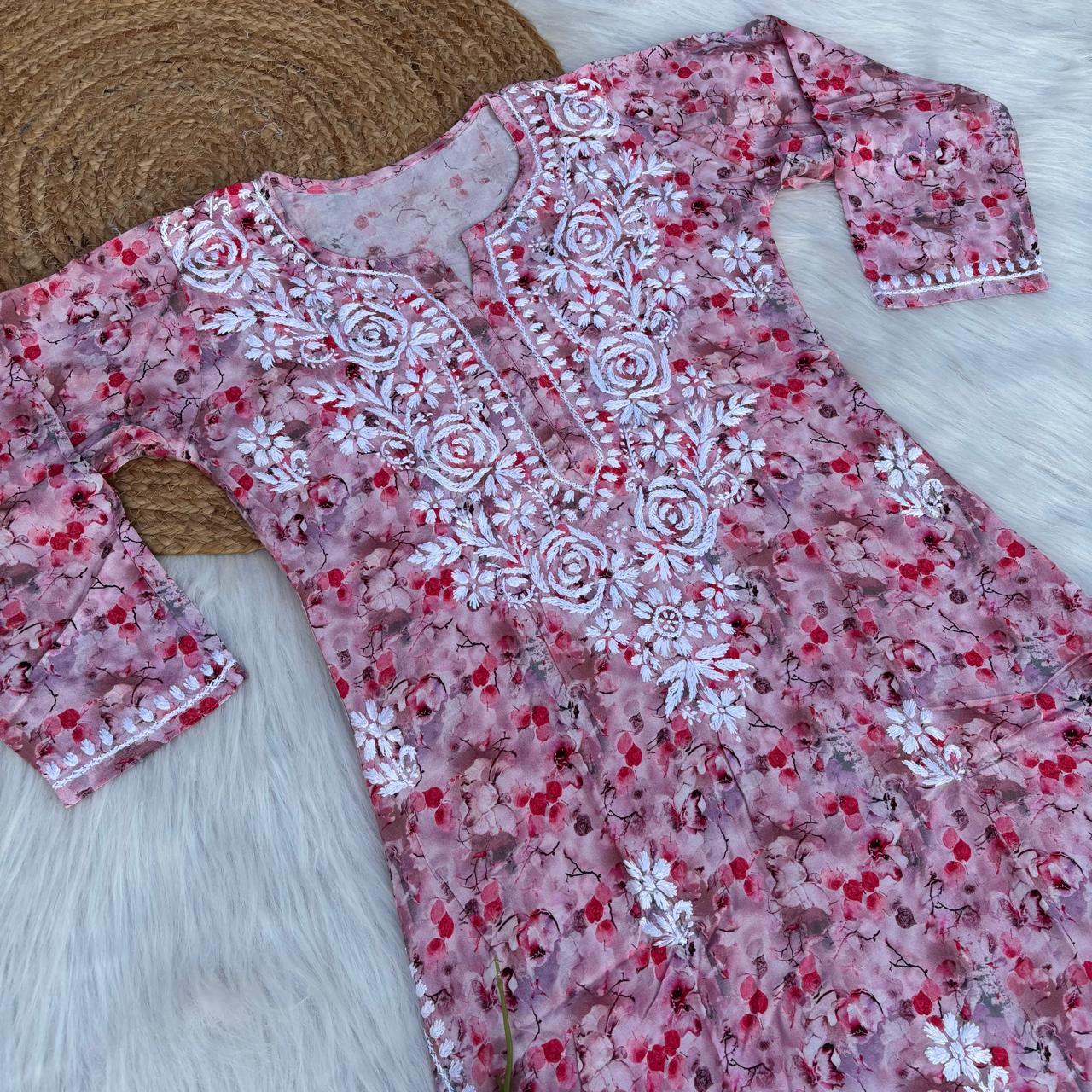 Hina Rayon Rose work Lucknowi Chikankari kurti - Blush Colour
