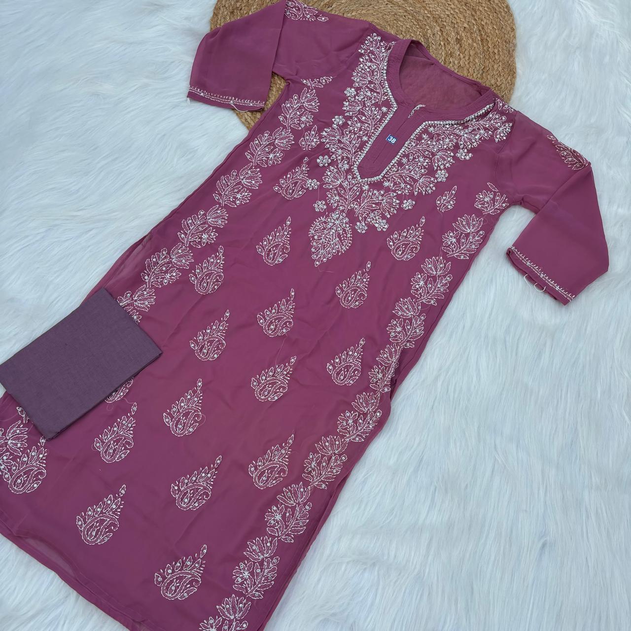 Stone Work Georgette Chikankari Kurti -Mauve Colour