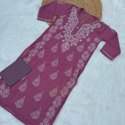 Stone Work Georgette Chikankari Kurti -Mauve Colour - Chikankaar