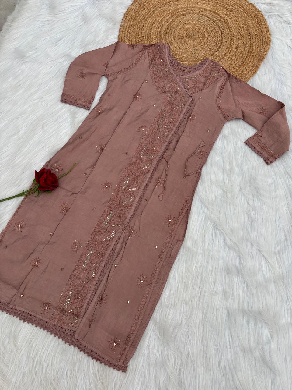 Naaz Chanderi Angrakha style Chikankari Kurti with Mukaish work - Brown Colour