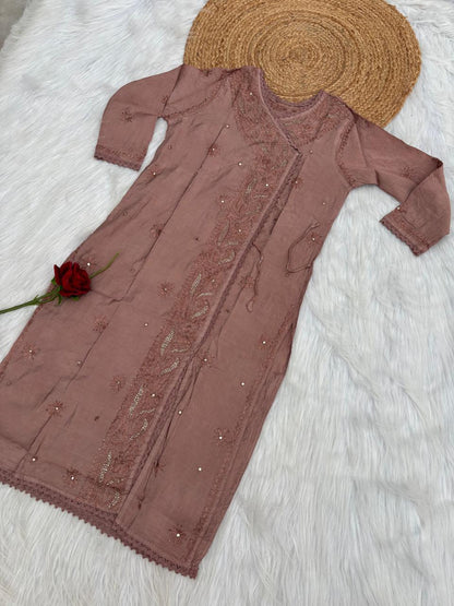 Naaz Chanderi Angrakha style Chikankari Kurti with Mukaish work - Brown Colour