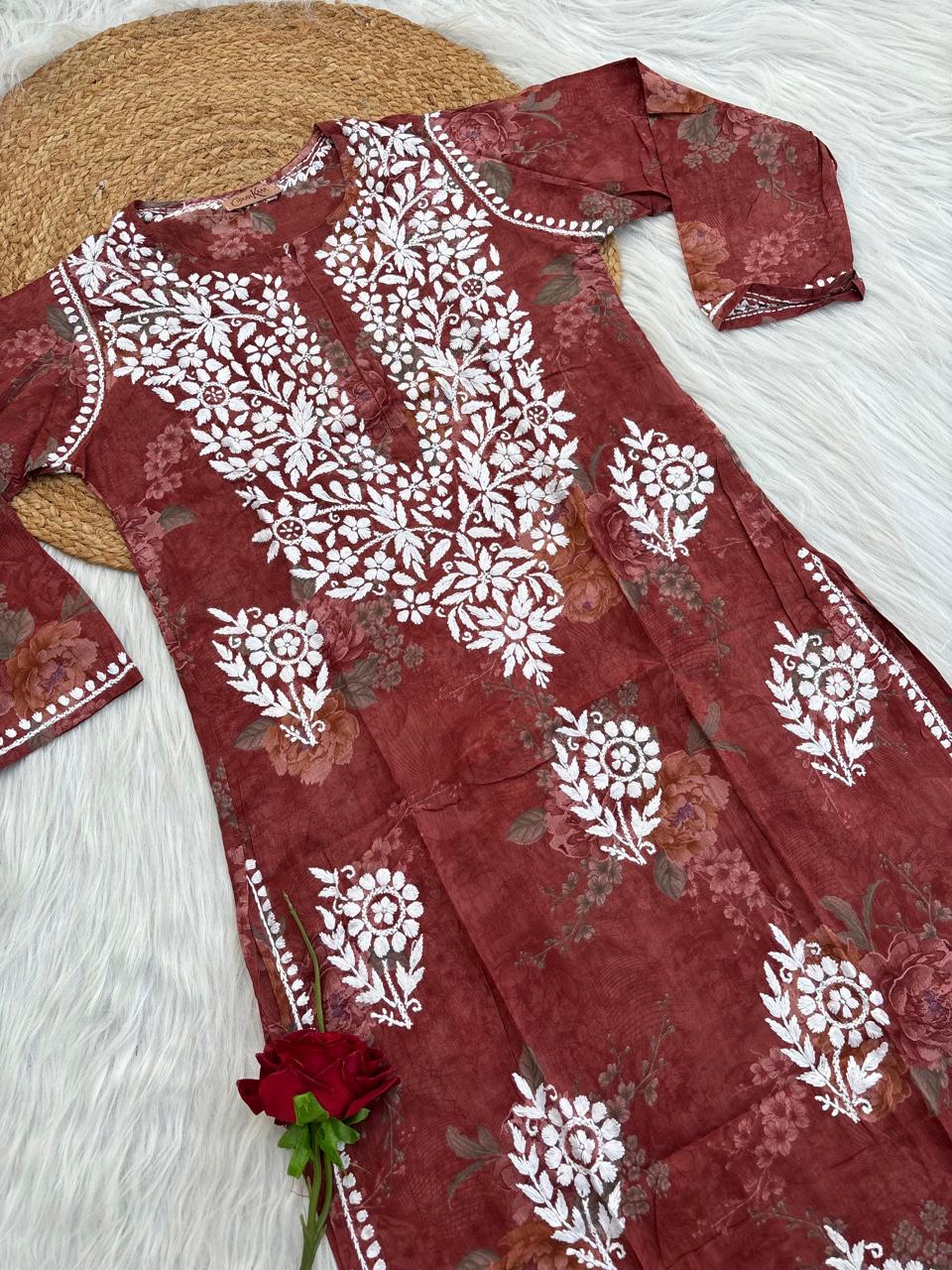 Zaina Pure Mulmul Chikankari Handwork Kurti - Brick Red Colour
