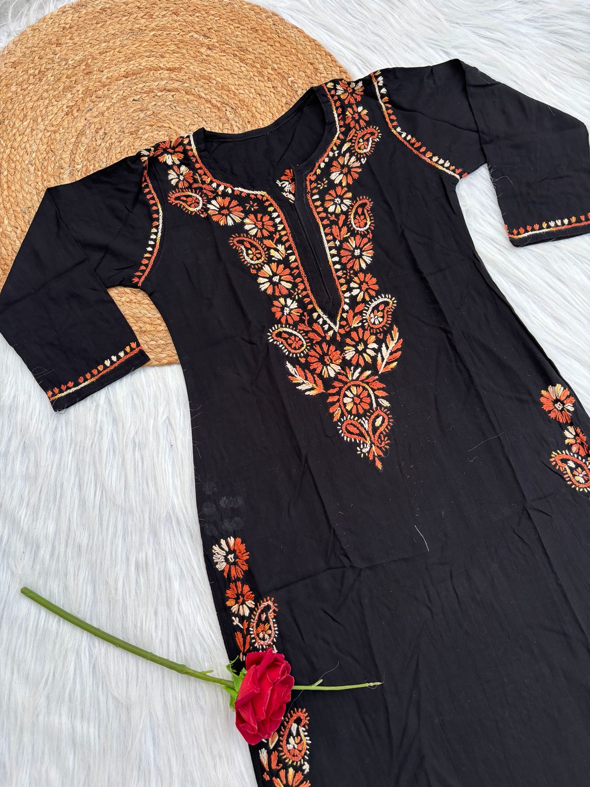 Ghada Soft Rayon Lucknowi Handwork Chikankari Kurti -Rust Colour