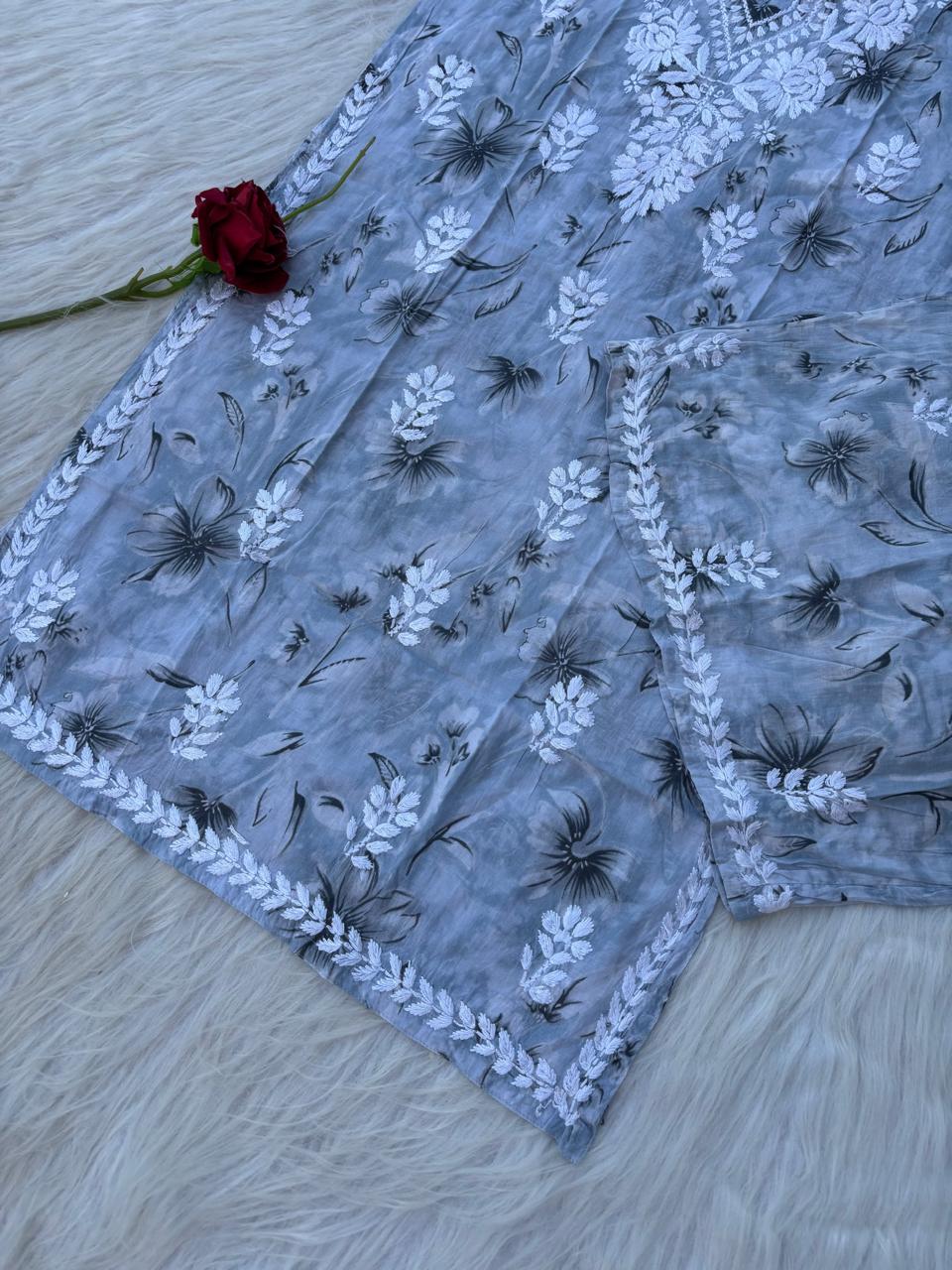 Shazia Mulmul Cotton Chikankari Kurti Set - Grey Colour