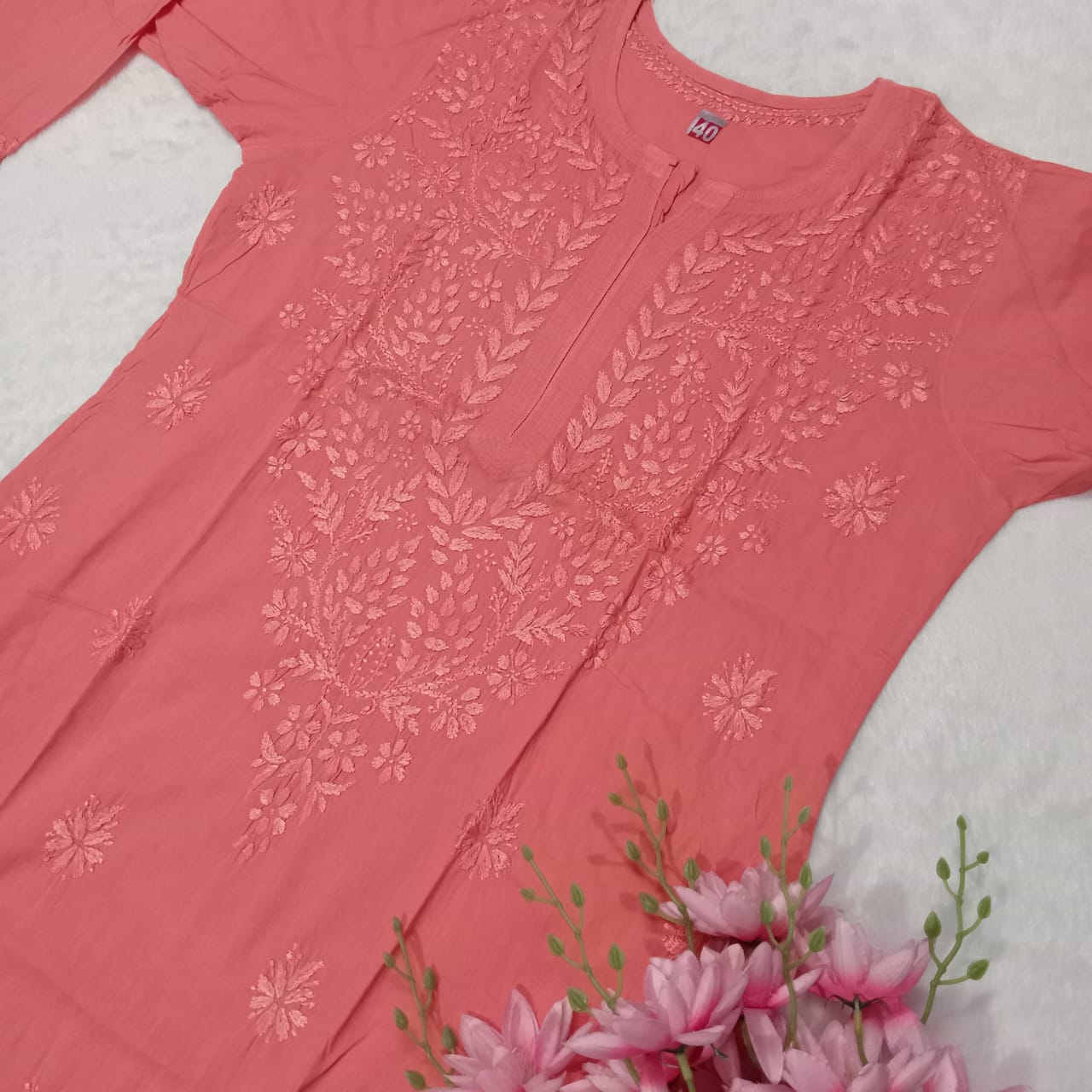 EXCLUSIVE PURE COTTON CHIKANKARI DYED KURTI -LIGHT GAZRI