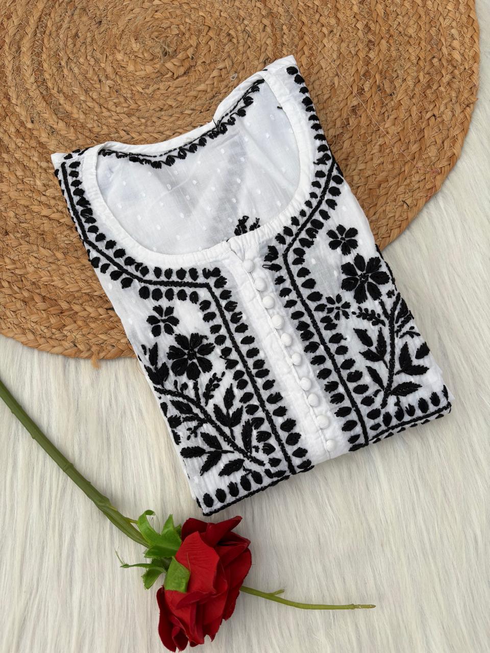 Sonakshi Soft Cotton Lucknowi Chikankari Handwork Kurti (With Pockets) - White Black Color