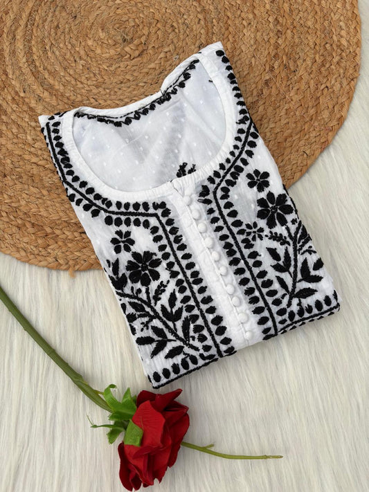 Soft Cotton Lucknowi Chikankari Handwork Kurti (With Pockets) - White Black Color