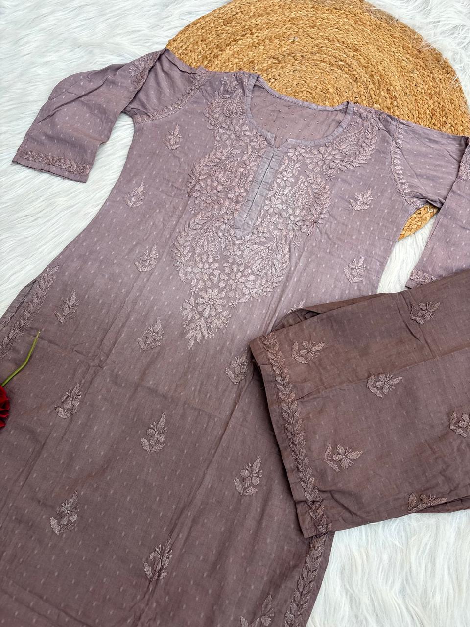 Nuha Dobby cotton Ombre shaded Lucknowi Chikankari Kurti Plazo Set - Light Brown Colour