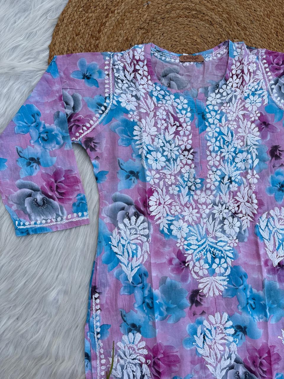 Najma Pure Mulmul Chikankari Handwork Kurti - Purple Colour