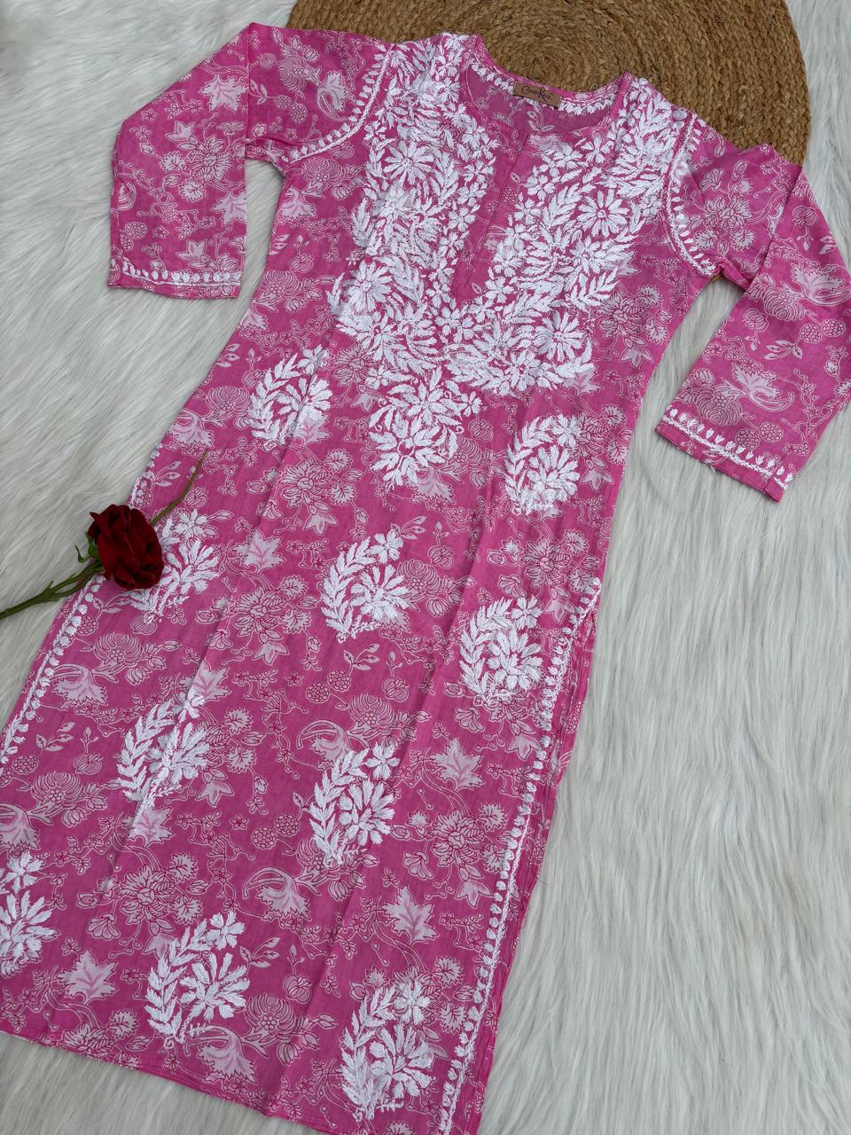 Sameera Pure Mulmul Chikankari Handwork Kurti - Pink Colour