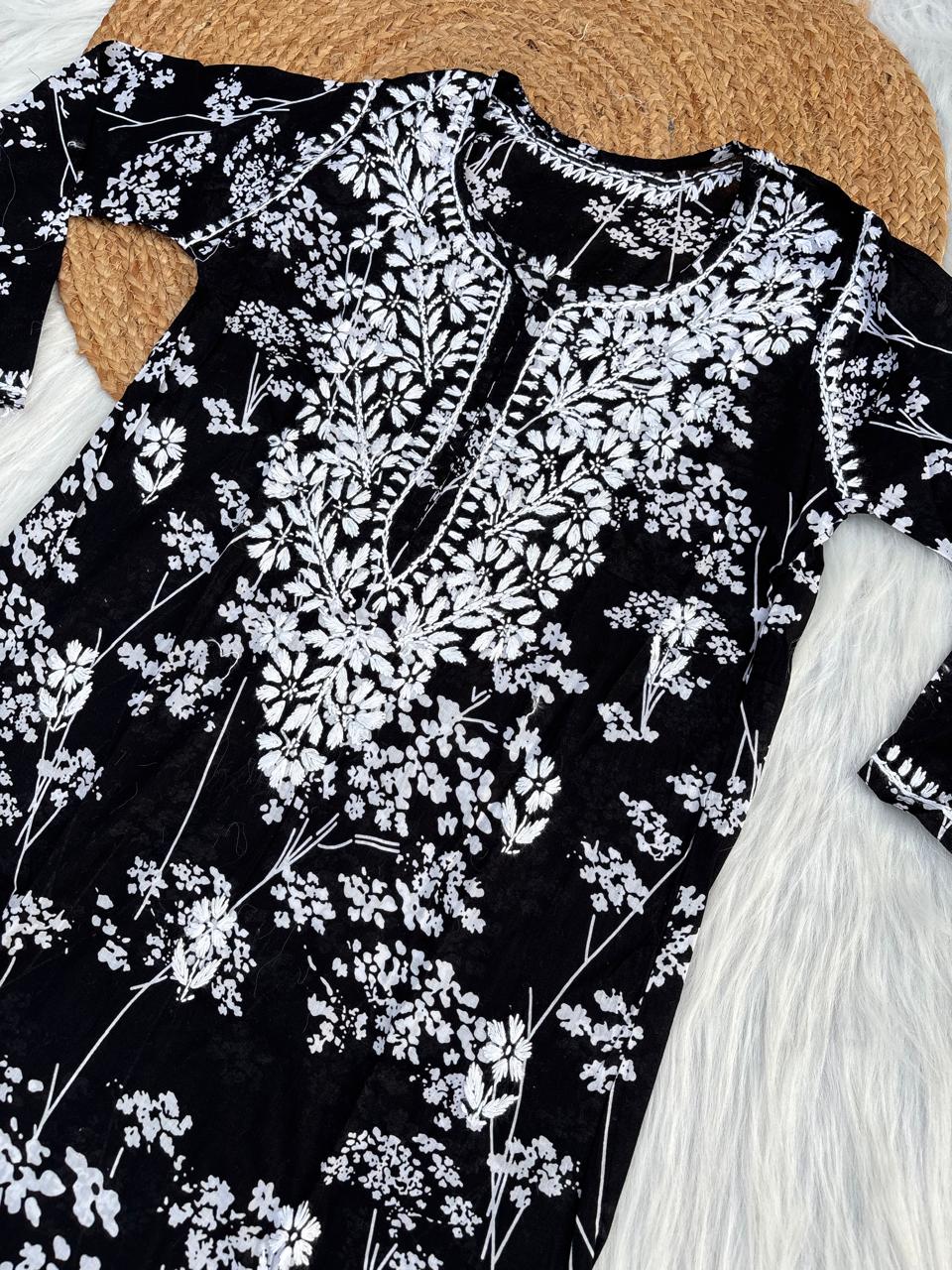Sidra Pure Mulmul Chikankari Handwork Kurti - Black Colour