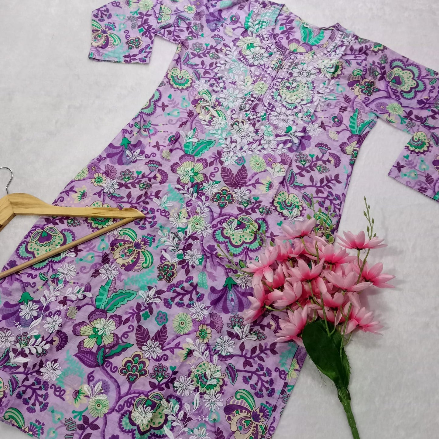 MULMUL COTTON CHIKANKARI MACHINE WORK KURTI -PURPLE COLOUR