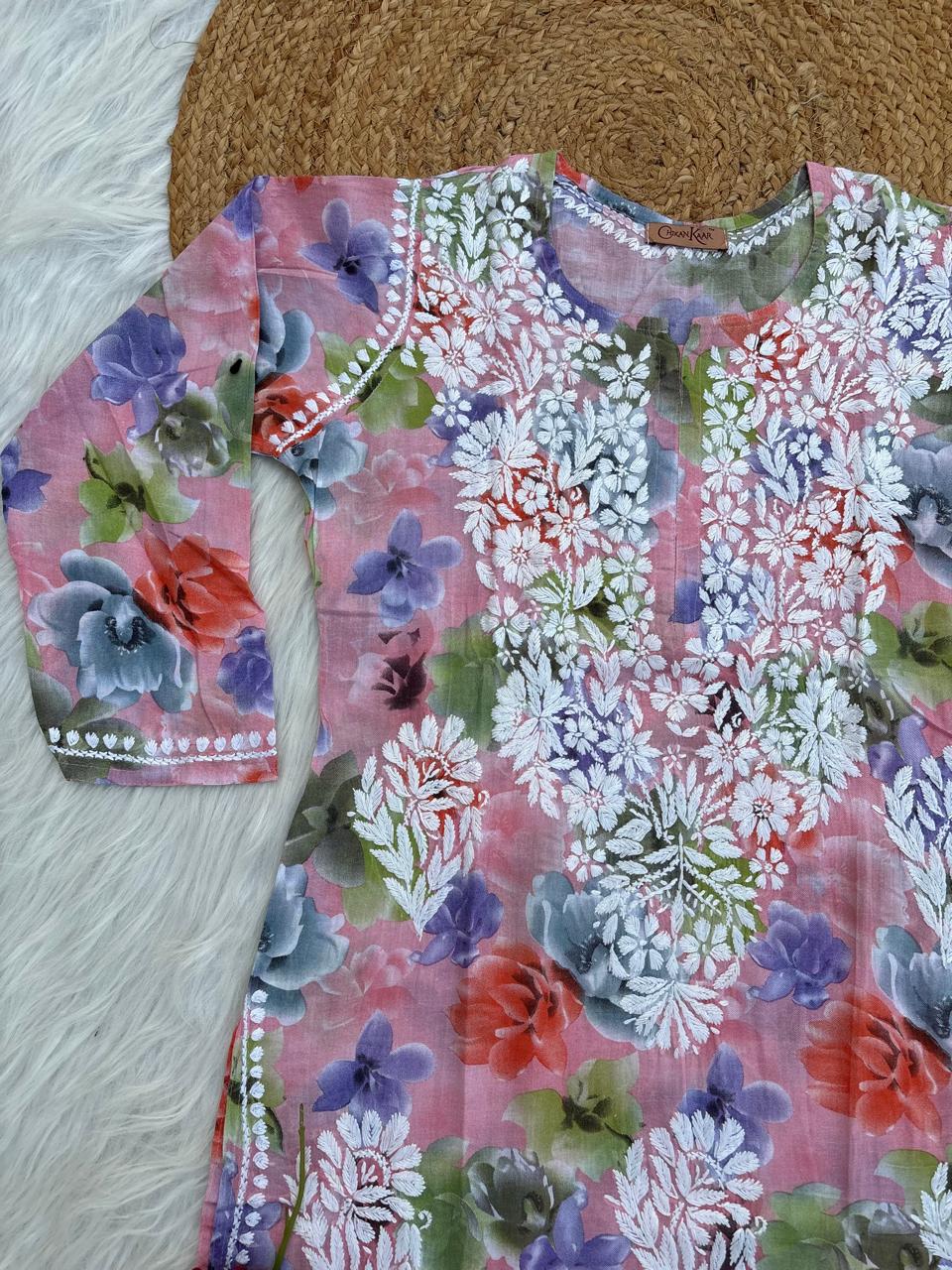 Najma Pure Mulmul Chikankari Handwork Kurti - Peach Colour