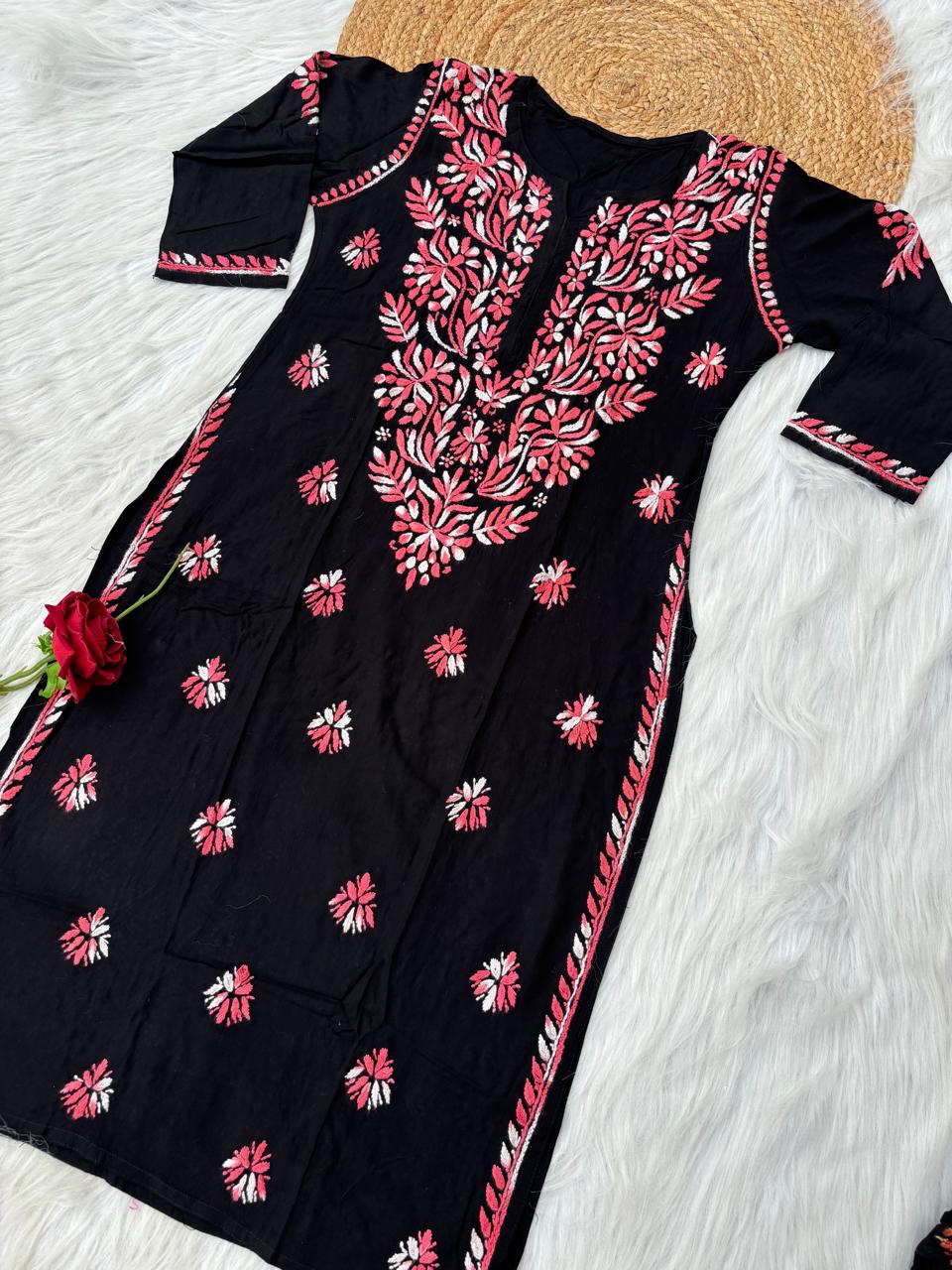 Shefrin Soft Rayon Lucknowi Handwork Chikankari Kurti - Gazri Colour