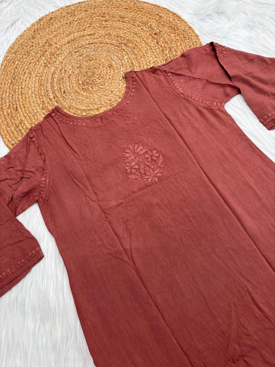 Kiara Dyeable Soft Rayon Handwork Chikankari Kurti - Brown Colour