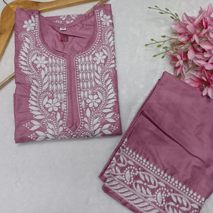 Rayon Chikankari Machine Work  Kurti Plazo Set- Fuschia Colour